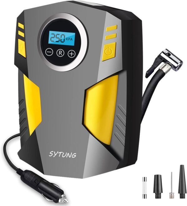 SYTUNG Digital Tyre Inflator, Portable Air Compressor Car Tyre Pump with 3 Nozzle Adaptors and Digital LED Light, 12V Rapid Tyre Inflator Air Compressor for...