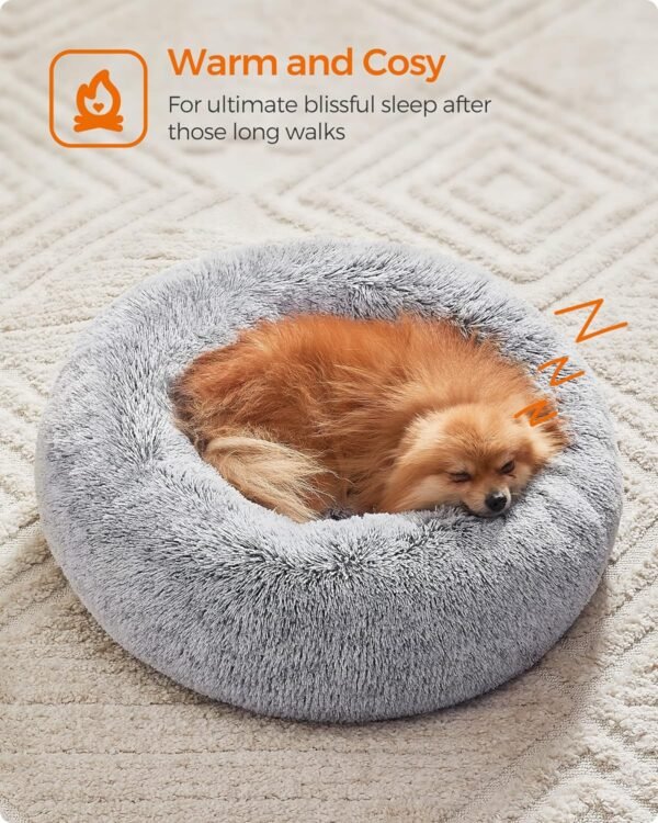Feandrea Dog Bed, Donut Cat Bed, Fluffy Calming Pet Bed with Removable, Washable Cover, Soft Long Plush, 60 cm, Grey
